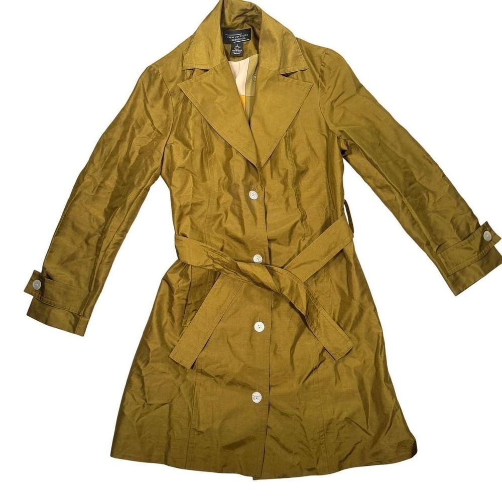 New York City Design Co 100% Silk Trench Coat Green Geometric Lining Belted